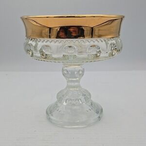 VTG Indiana Glass Kings Crown Thumbprint & Gold Flashing Rim Compote